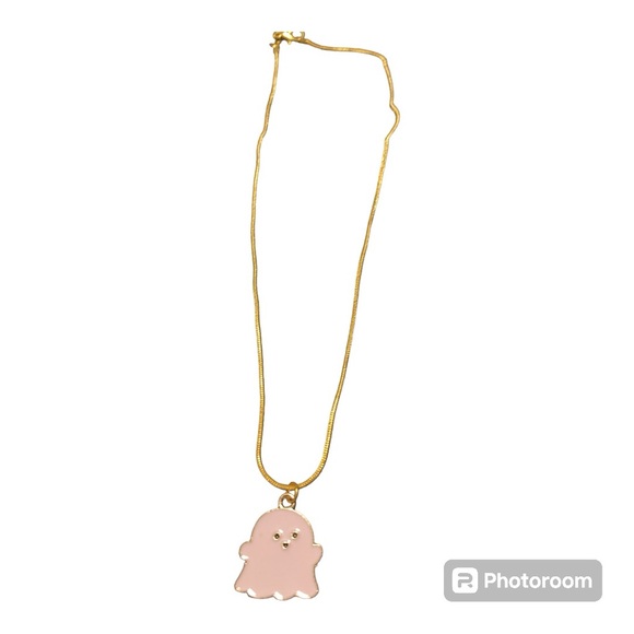 Gold  Pink enemal ghost pendent and gold necklace - Picture 2 of 2